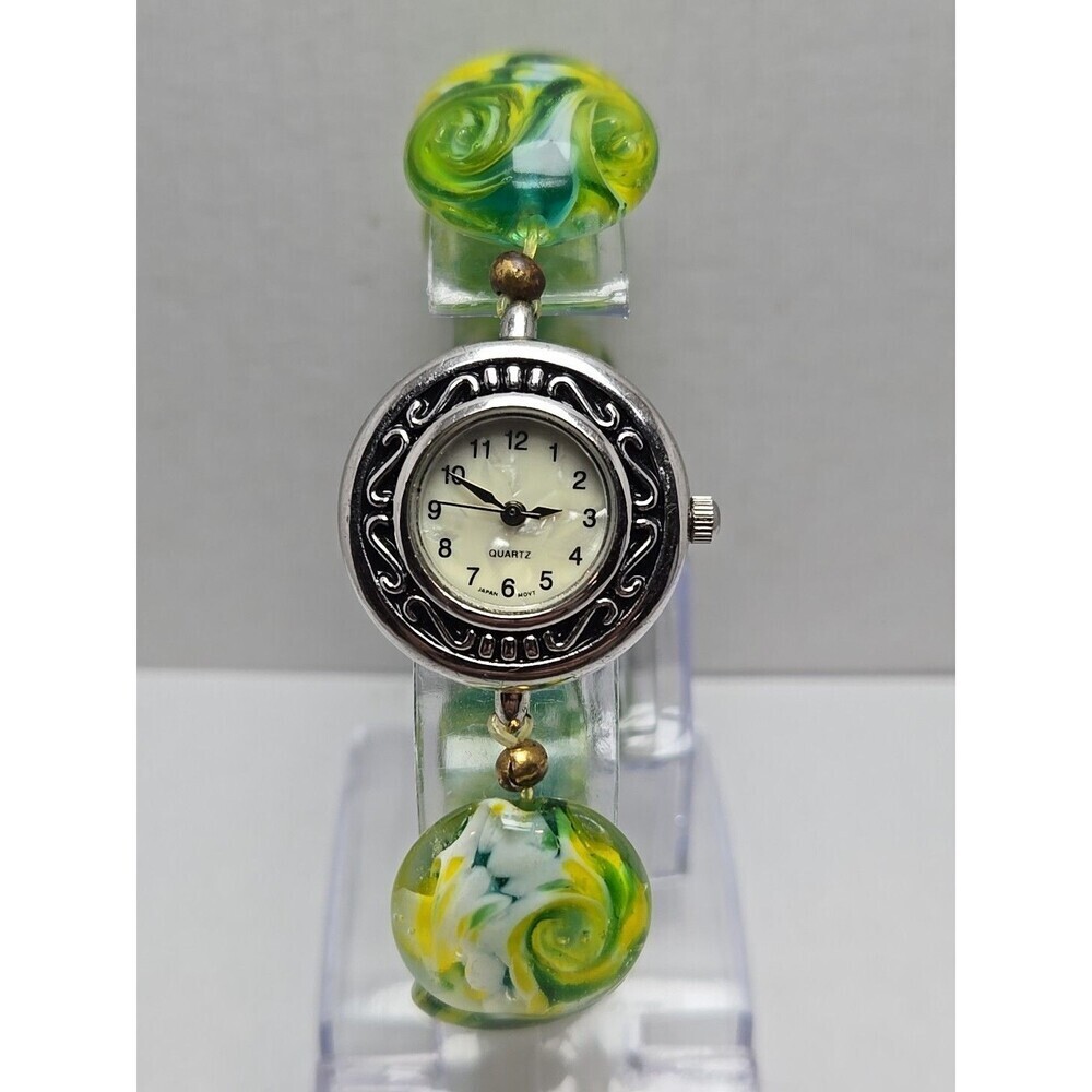 Womens Seiko Movement Lampwork Beaded Watch Bracelet Green Yellow Glass Art